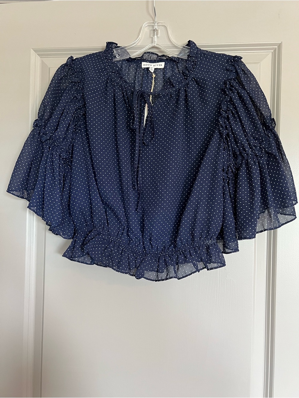 Moon River Navy Polka Dot Ruffle Sleeve Blouse Size Small NWT